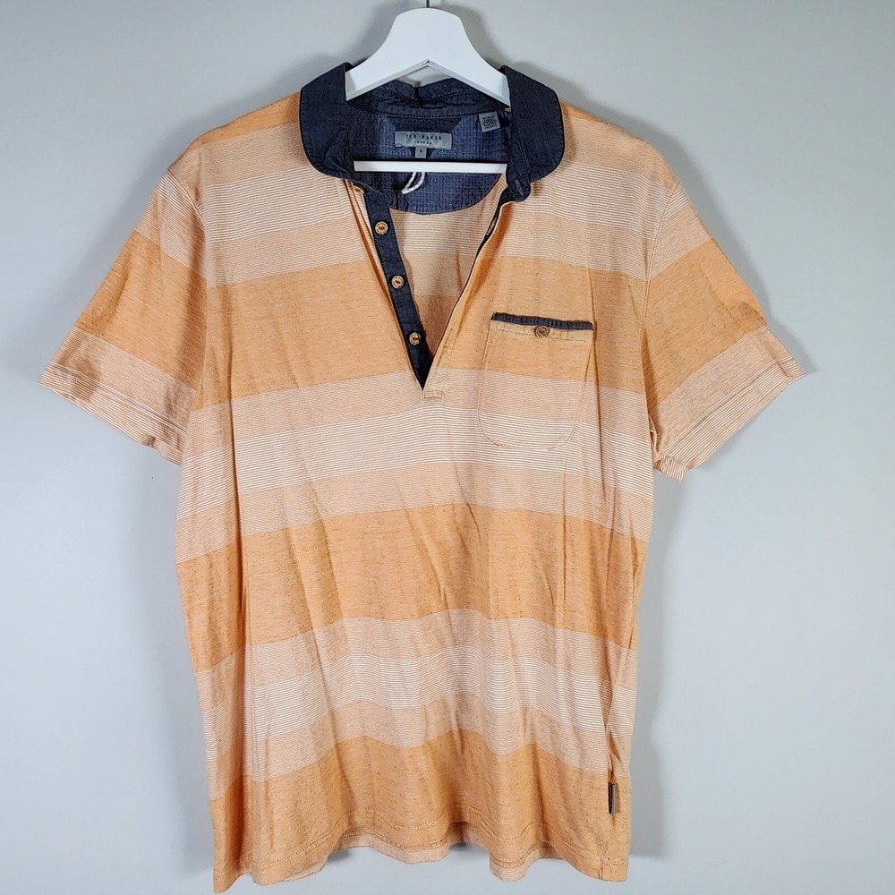TED BAKER Polo Shirt Mens M Salmon Orange Stripe Wooden Buttons Navy 39" Chest‎